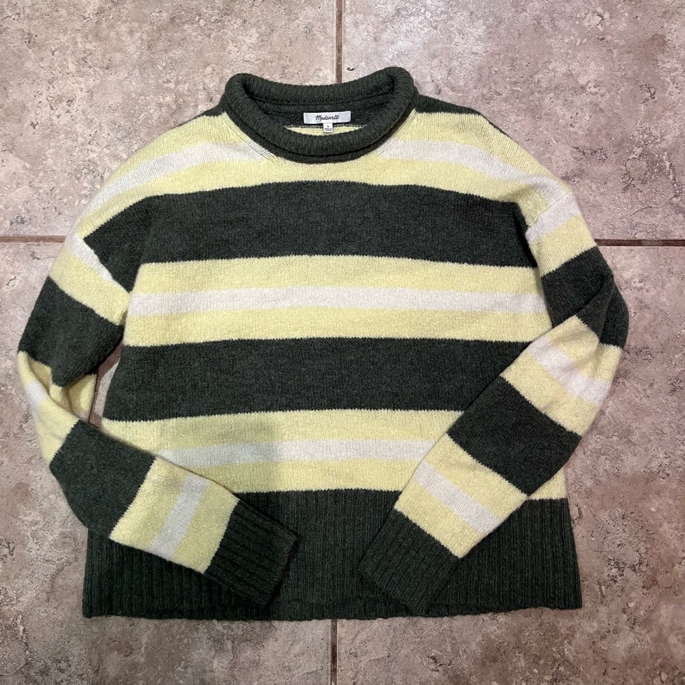Madewell Green and Yellow Striped Crewneck Sweater